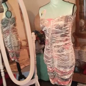 Multi color mini strapless body central dress